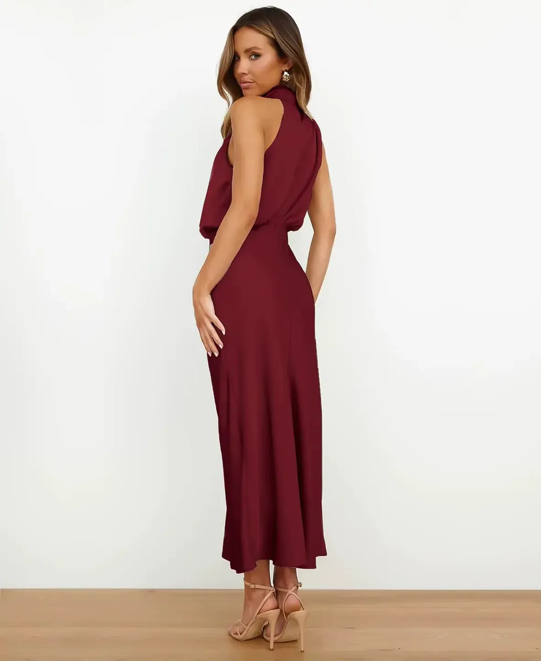 Women's Elegant Sleeveless Mock Neck Midi Dress with Draped Silhouette