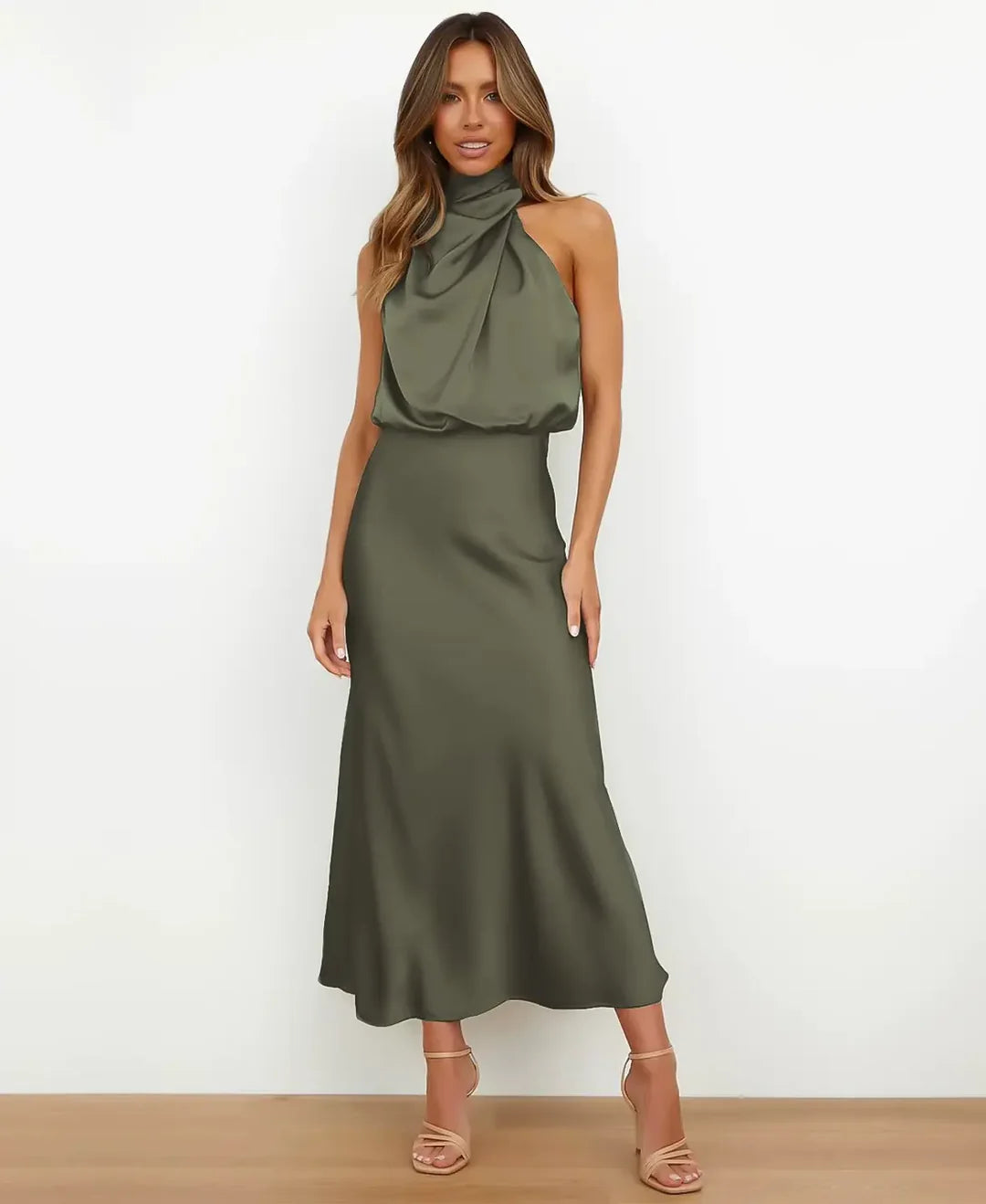 Women's Elegant Sleeveless Mock Neck Midi Dress with Draped Silhouette