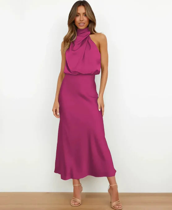Women's Elegant Sleeveless Mock Neck Midi Dress with Draped Silhouette