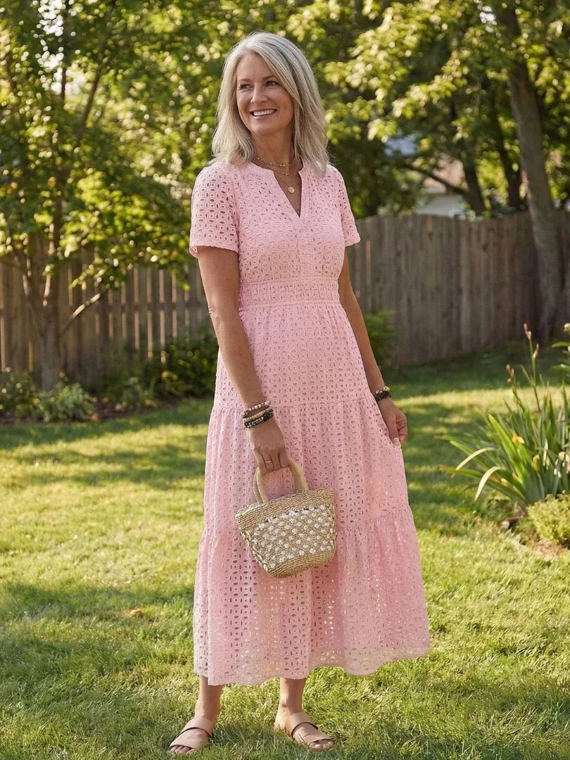 Women's Short Sleeve Eyelet Tiered Midi Dress
