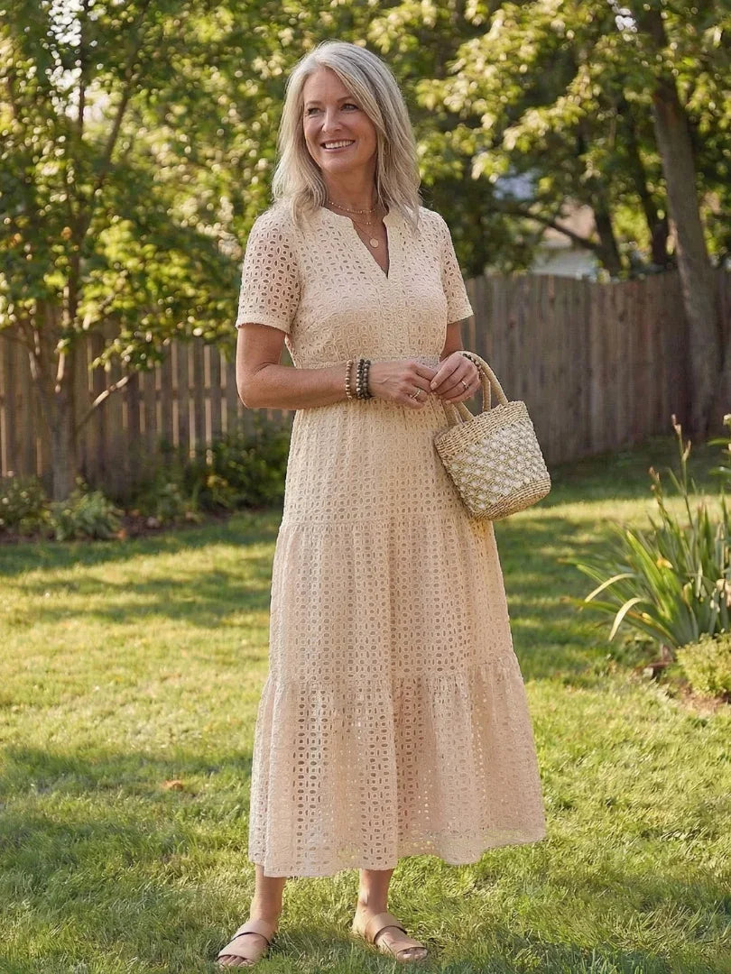 Women's Short Sleeve Eyelet Tiered Midi Dress