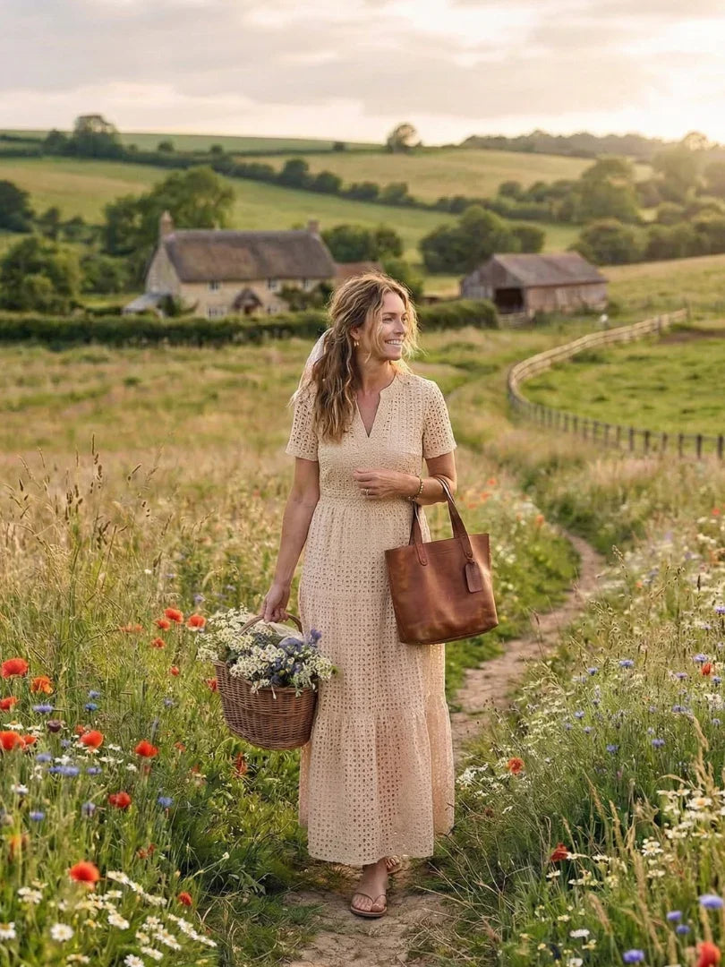 Women's Short Sleeve Eyelet Tiered Midi Dress