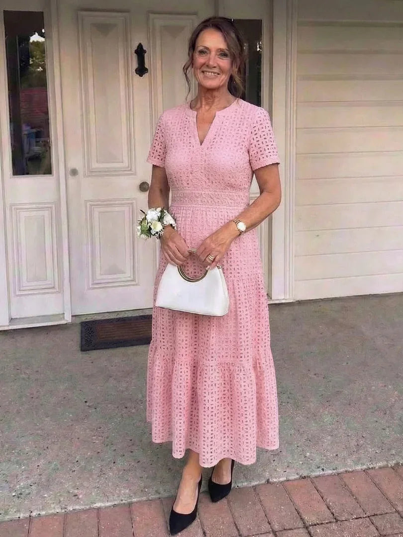 Women's Short Sleeve Eyelet Tiered Midi Dress