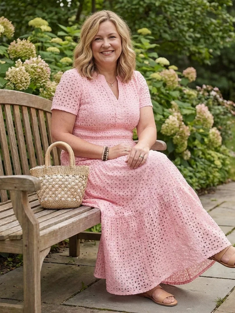 Women's Short Sleeve Eyelet Tiered Midi Dress