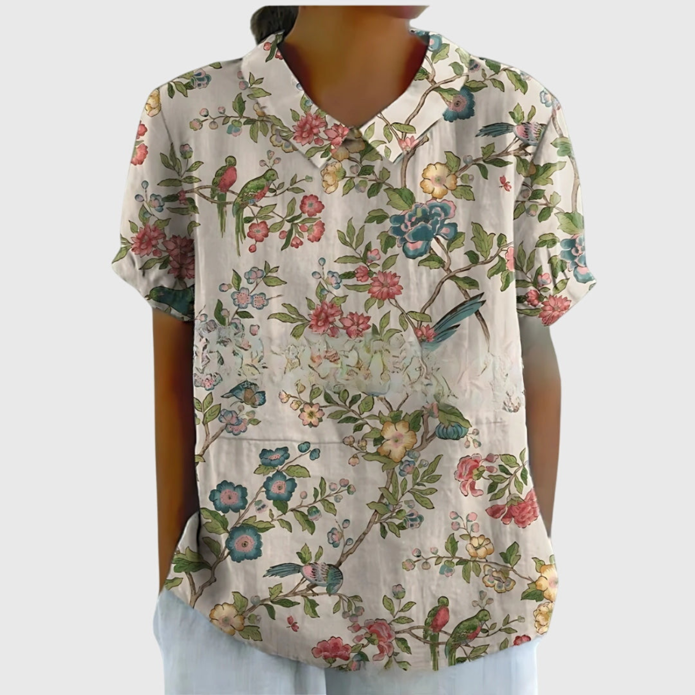 Blouse à col en lin pour femme à imprimé floral