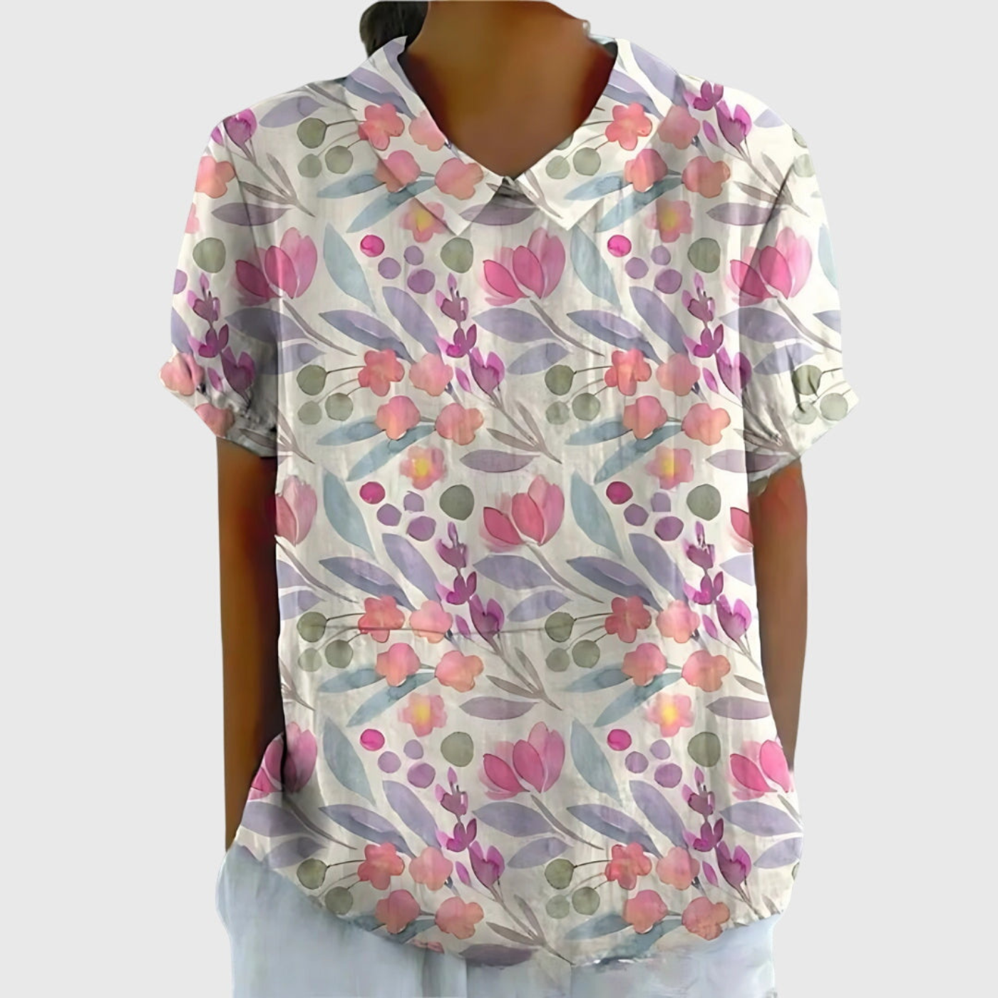 Blouse à col en lin pour femme à imprimé floral