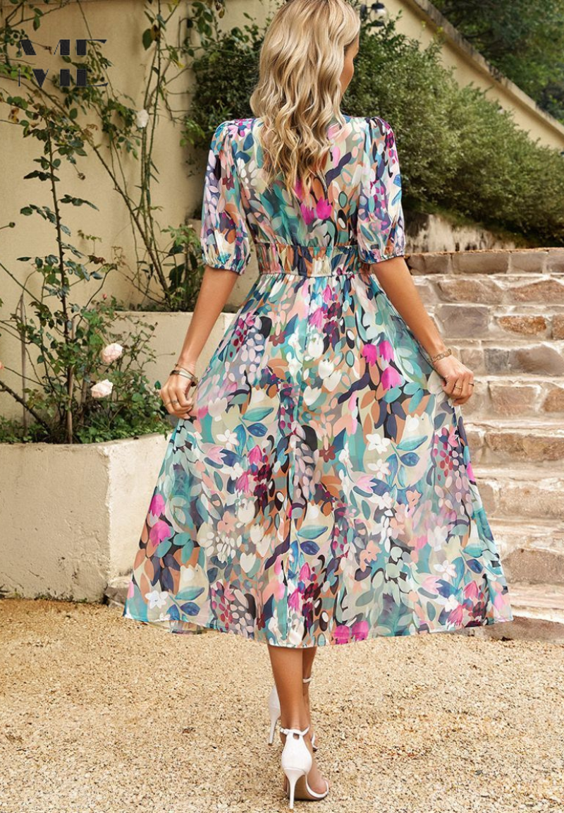 Robe midi évasée à col en V à motif floral pour femme