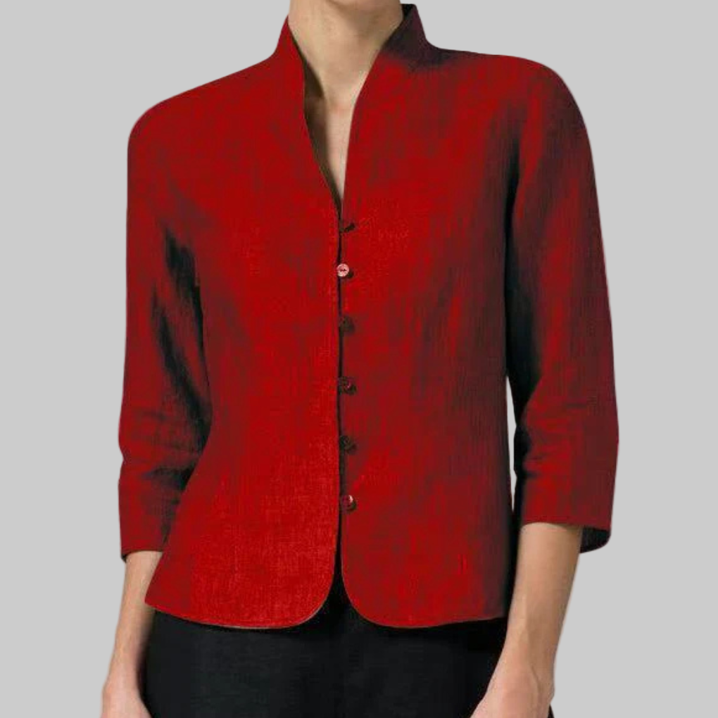 Blouse col montant manches trois-quarts chambray pour femmes