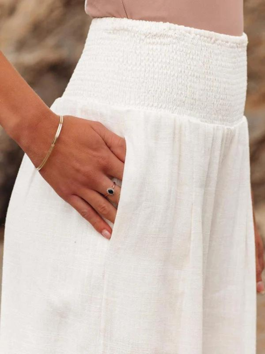 Pantalon large taille haute smocké pour femme