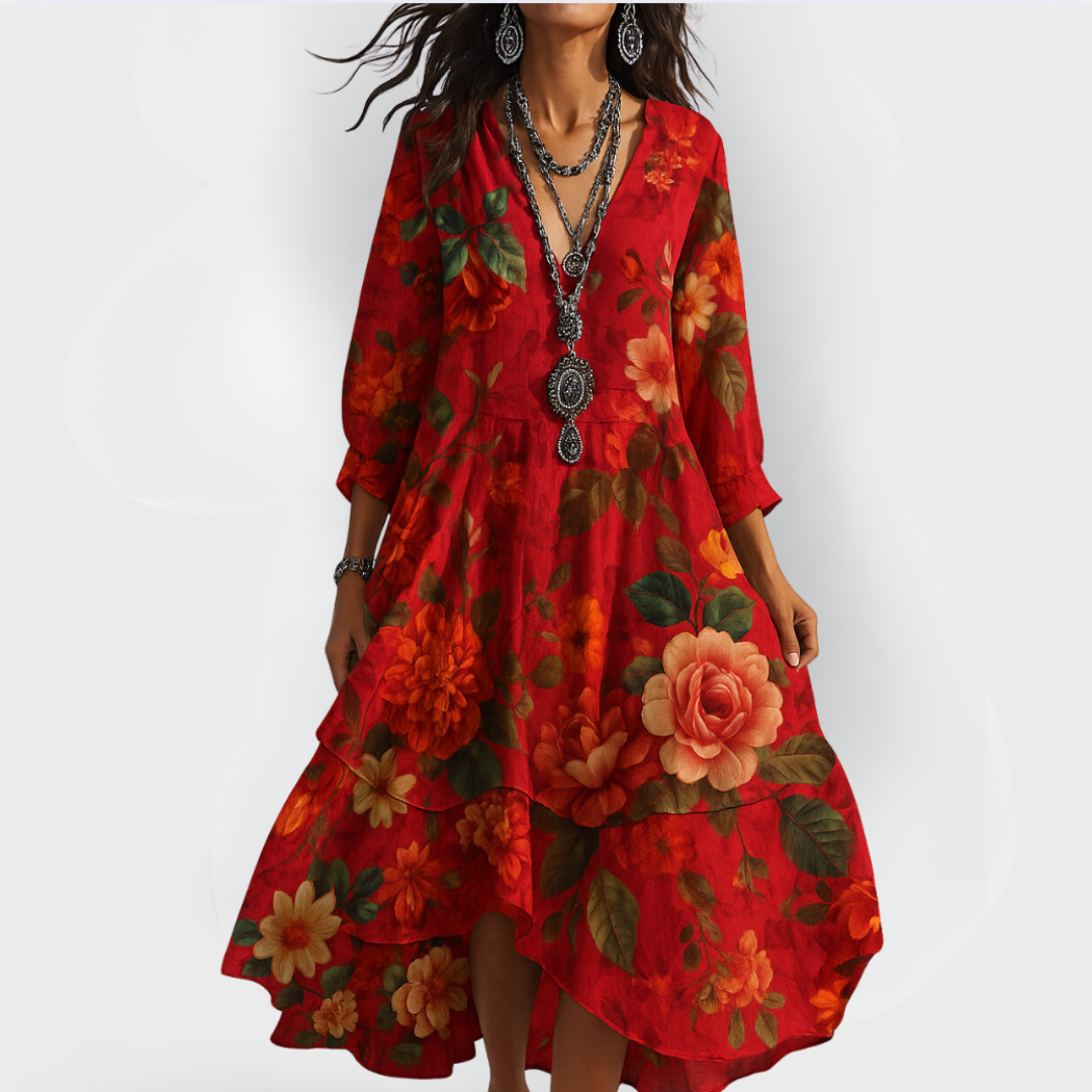 Γυναικείο Ρομαντικό Φλοράλ Boho Midi Φόρεμα με V-Λαιμόκοψη