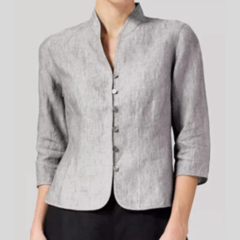 Blouse col montant manches trois-quarts chambray pour femmes