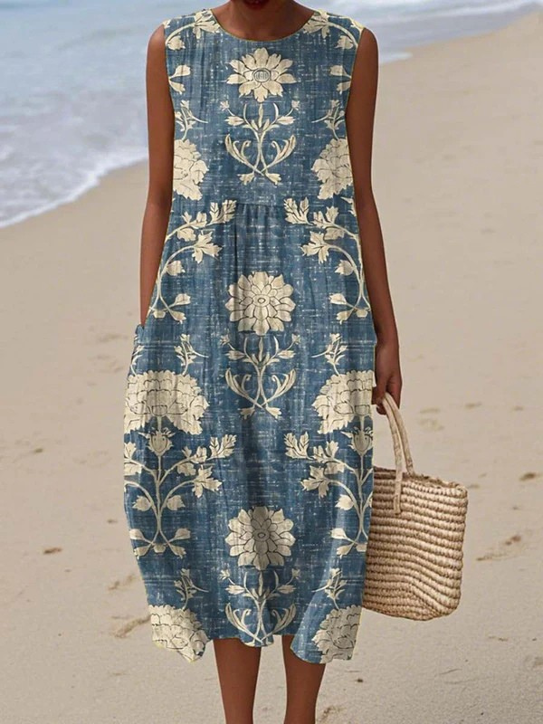 Women's Floral Sleeveless Beach A-Line Midi Dress