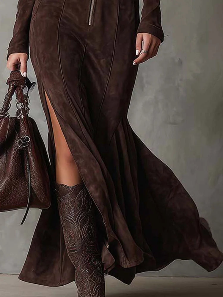 Women's Suede Maxi Dress with Belt