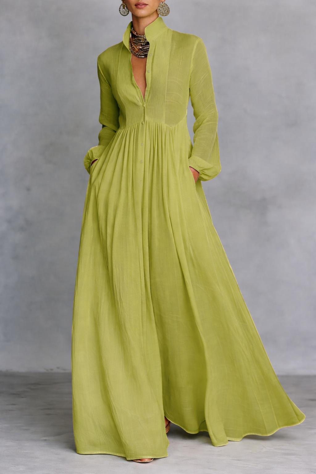 Women's Collared V-Neck Gathered Waist Maxi Dress