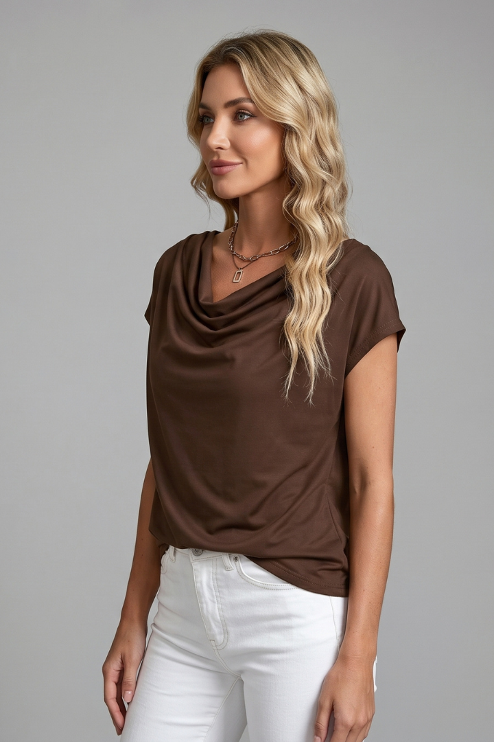 Women's Draped Cowl Neck Short Sleeve Blouse