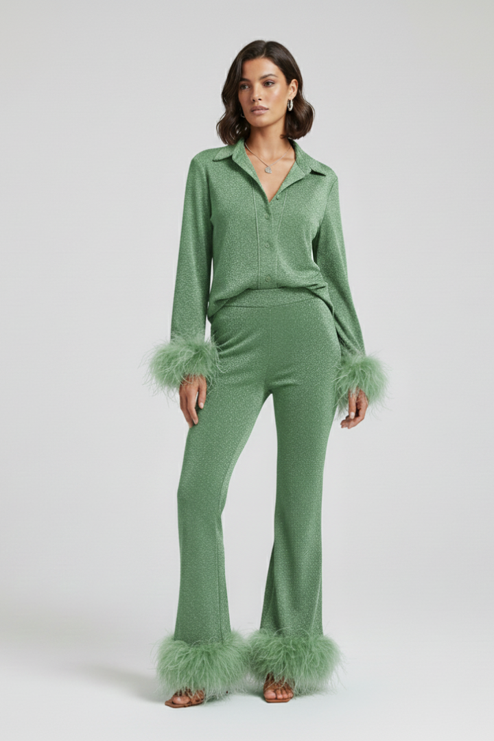 Ensemble Deux Pièces Femme Chemise Boutonnée et Pantalon à Bordure Plume