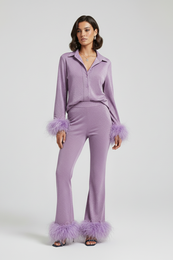 Ensemble Deux Pièces Femme Chemise Boutonnée et Pantalon à Bordure Plume