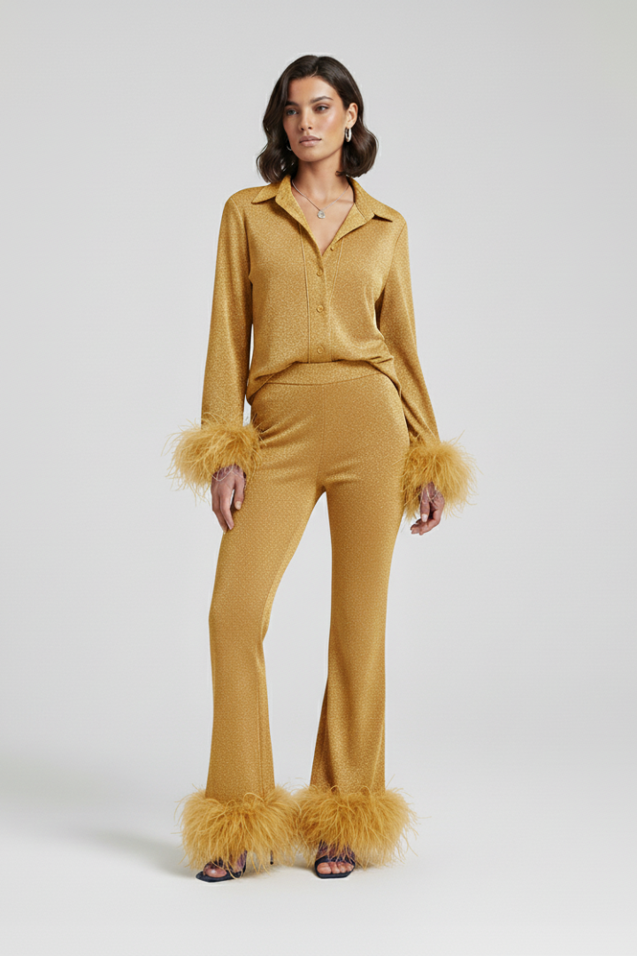 Ensemble Deux Pièces Femme Chemise Boutonnée et Pantalon à Bordure Plume