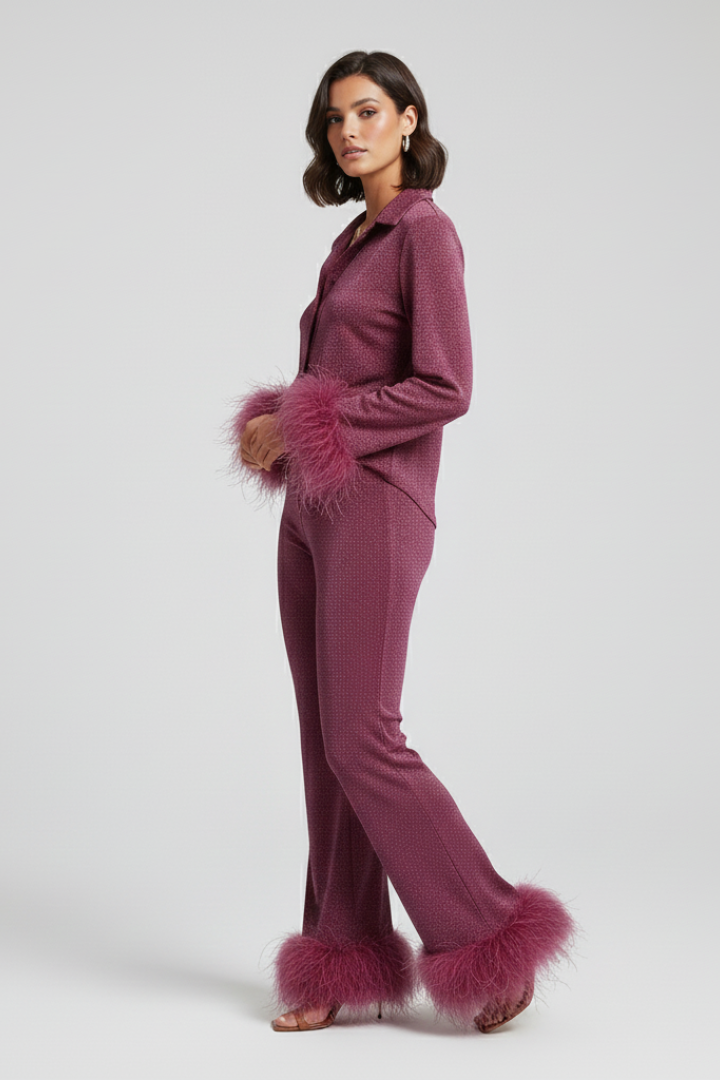 Ensemble Deux Pièces Femme Chemise Boutonnée et Pantalon à Bordure Plume