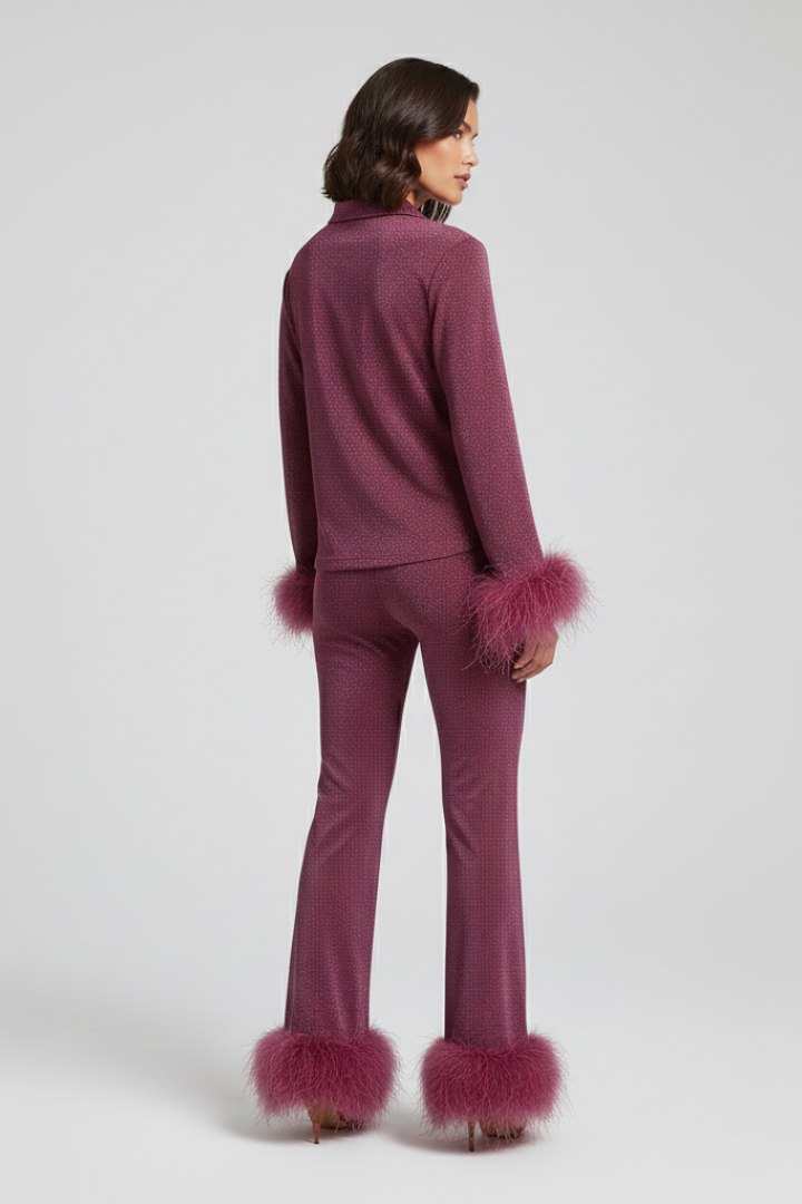 Ensemble Deux Pièces Femme Chemise Boutonnée et Pantalon à Bordure Plume