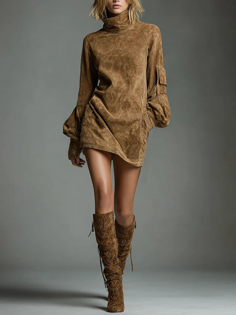 Women's Suede Mini Dress with Turtleneck