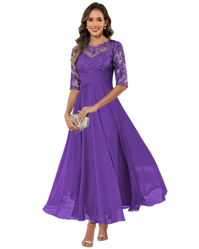 Women's Lace A-Line Maxi Dress with 3/4 Sleeves