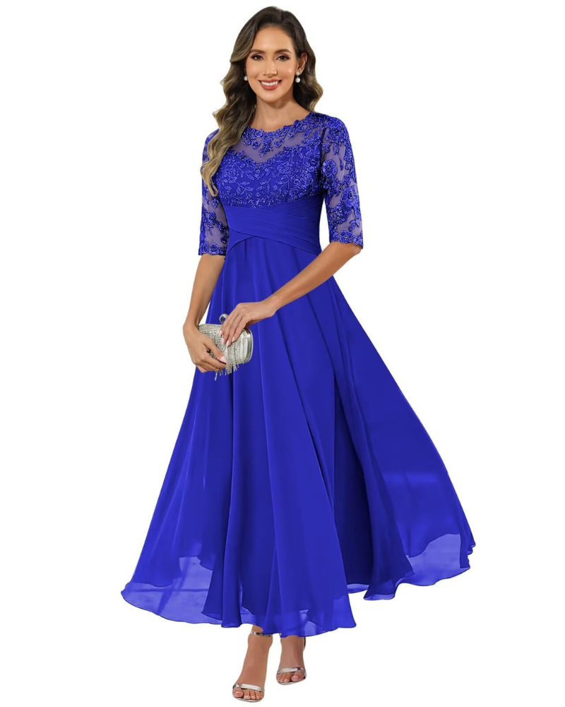 Women's Lace A-Line Maxi Dress with 3/4 Sleeves