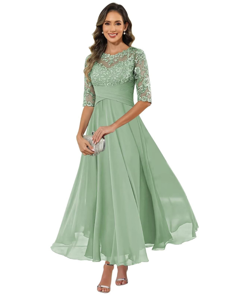 Women's Lace A-Line Maxi Dress with 3/4 Sleeves