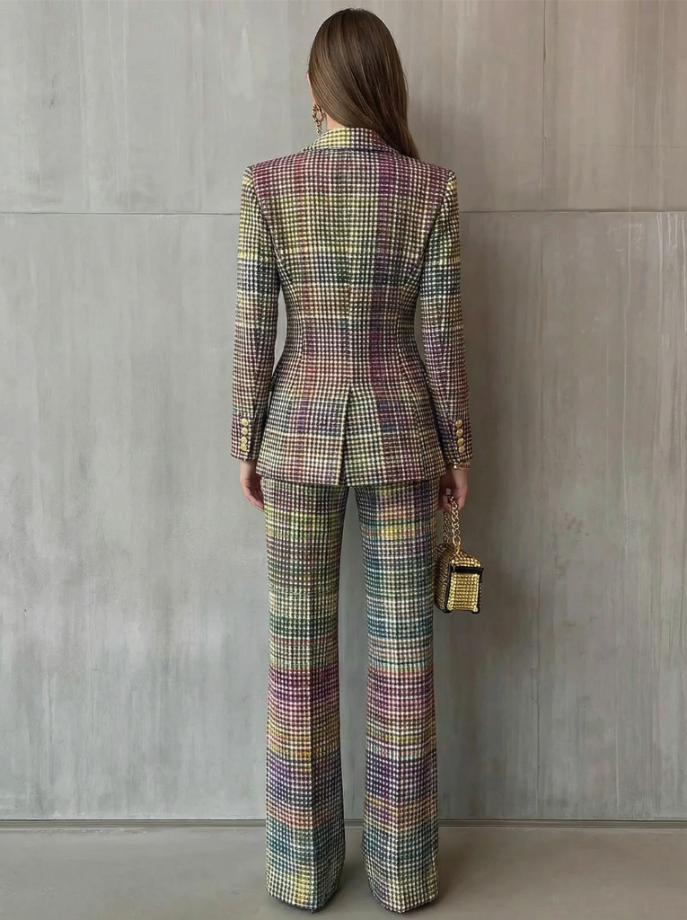 Women's Multicolor Plaid Blazer & Wide Leg Pants Set