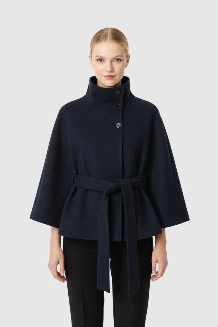 Women's Belted Cape Coat with Elegant Collar