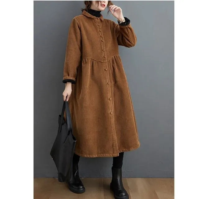 Women's Corduroy Button-Front A-Line Midi Dress