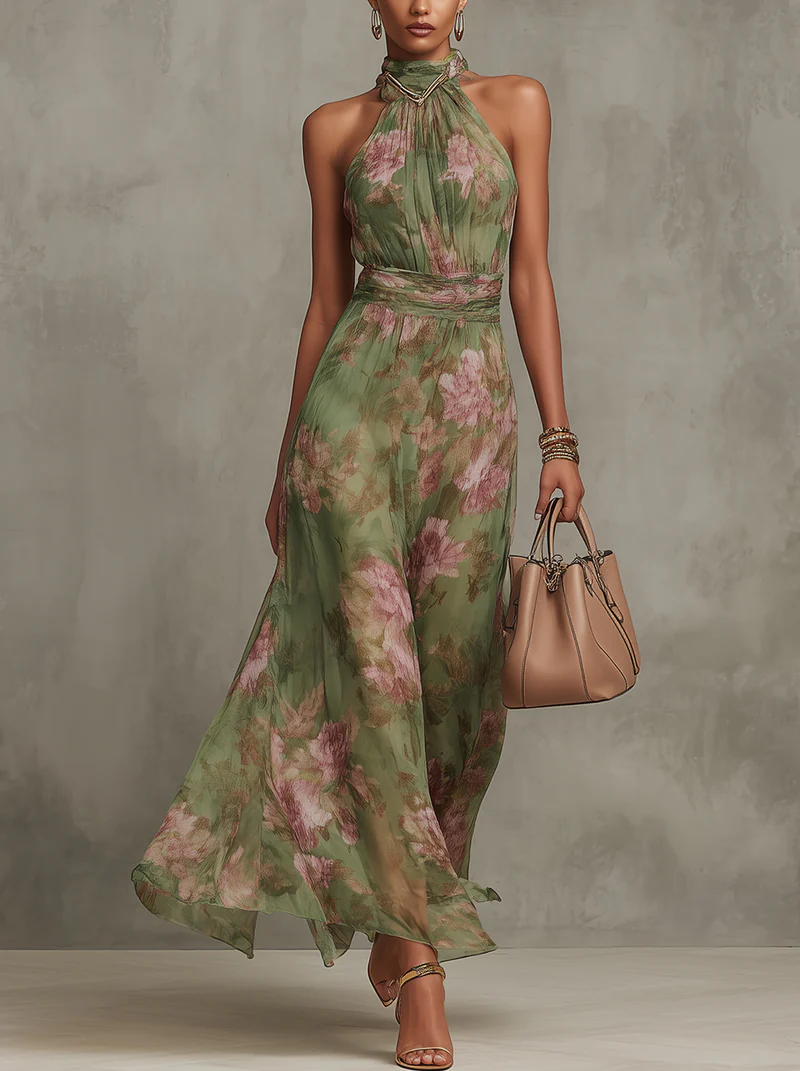 Women’s Floral Halter Flowing Maxi Dress