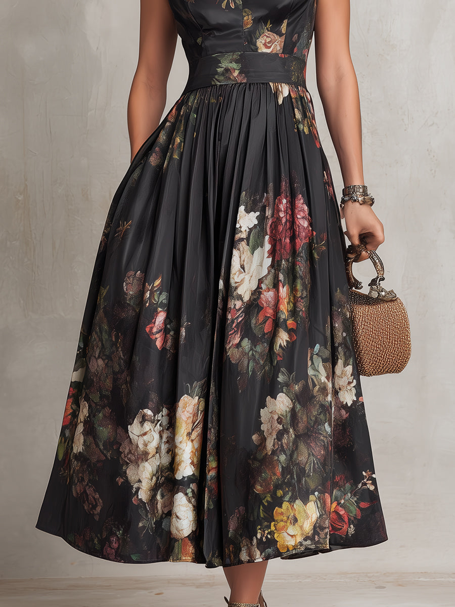Robe midi fleurie pour femme avec col montant et jupe évasée