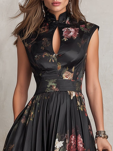 Robe midi fleurie pour femme avec col montant et jupe évasée