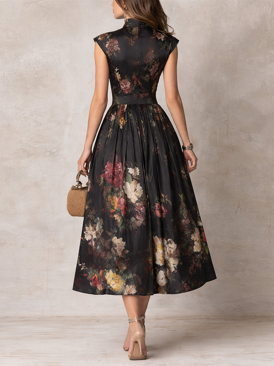 Robe midi fleurie pour femme avec col montant et jupe évasée