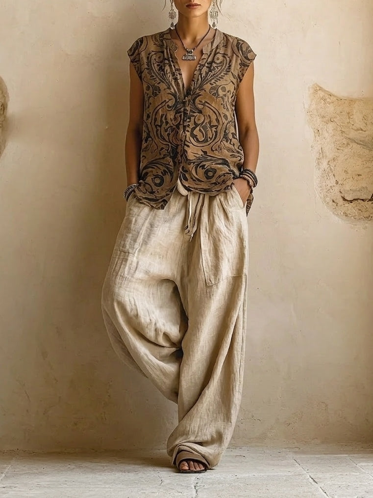 Set da donna in stile boho, 3 pezzi: top stampato, cardigan e pantaloni