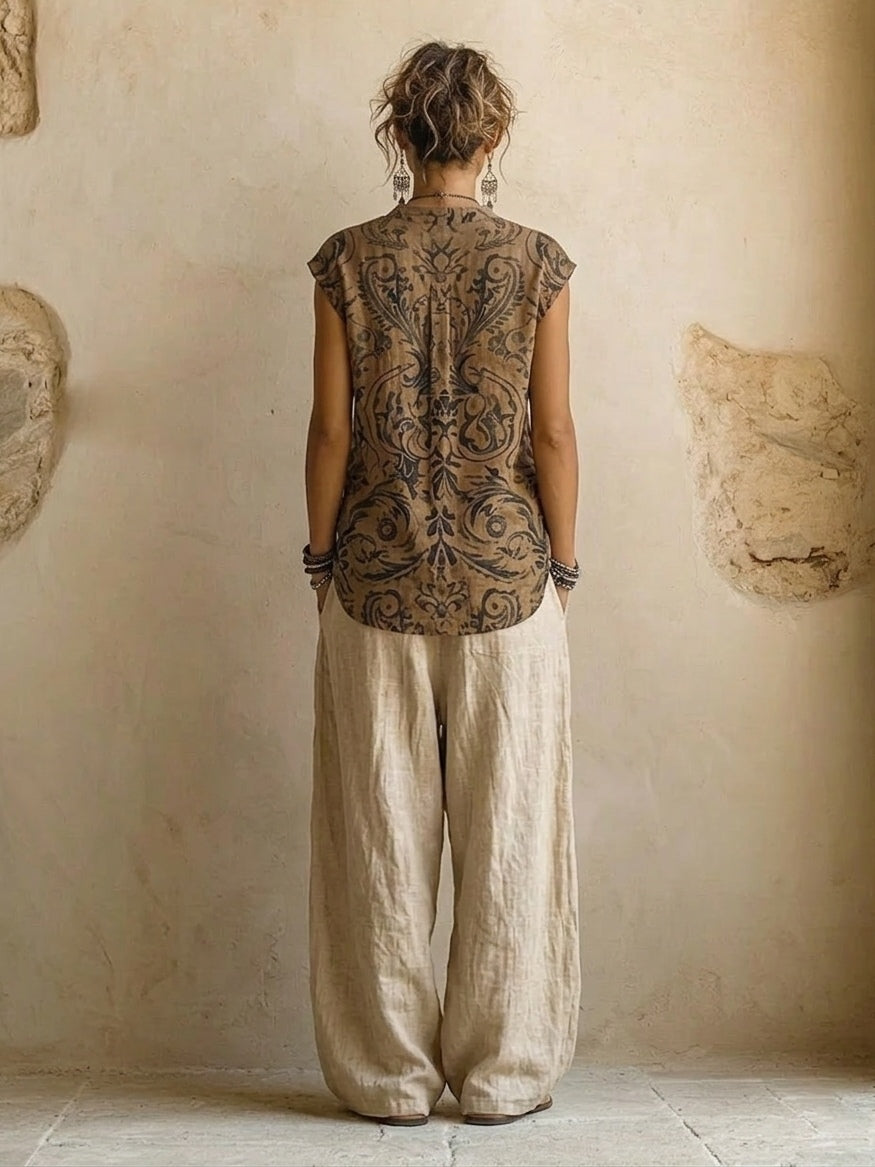 Set da donna in stile boho, 3 pezzi: top stampato, cardigan e pantaloni