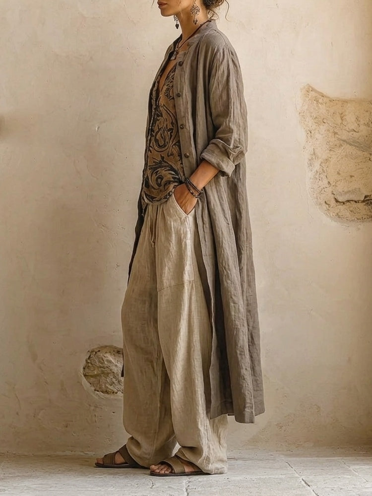 Set da donna in stile boho, 3 pezzi: top stampato, cardigan e pantaloni