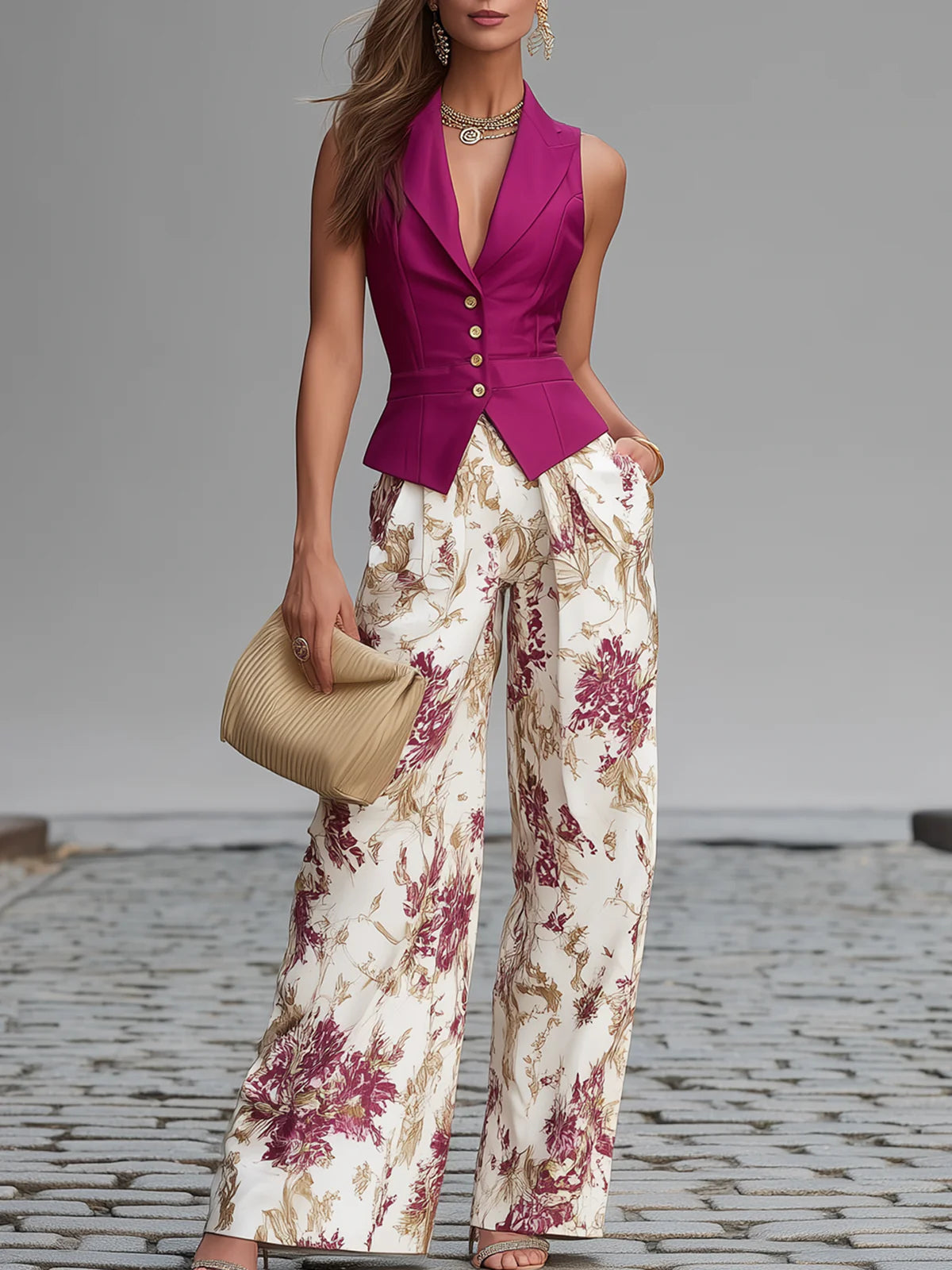 Combinaison large à fleurs pour femme avec haut gilet ajusté