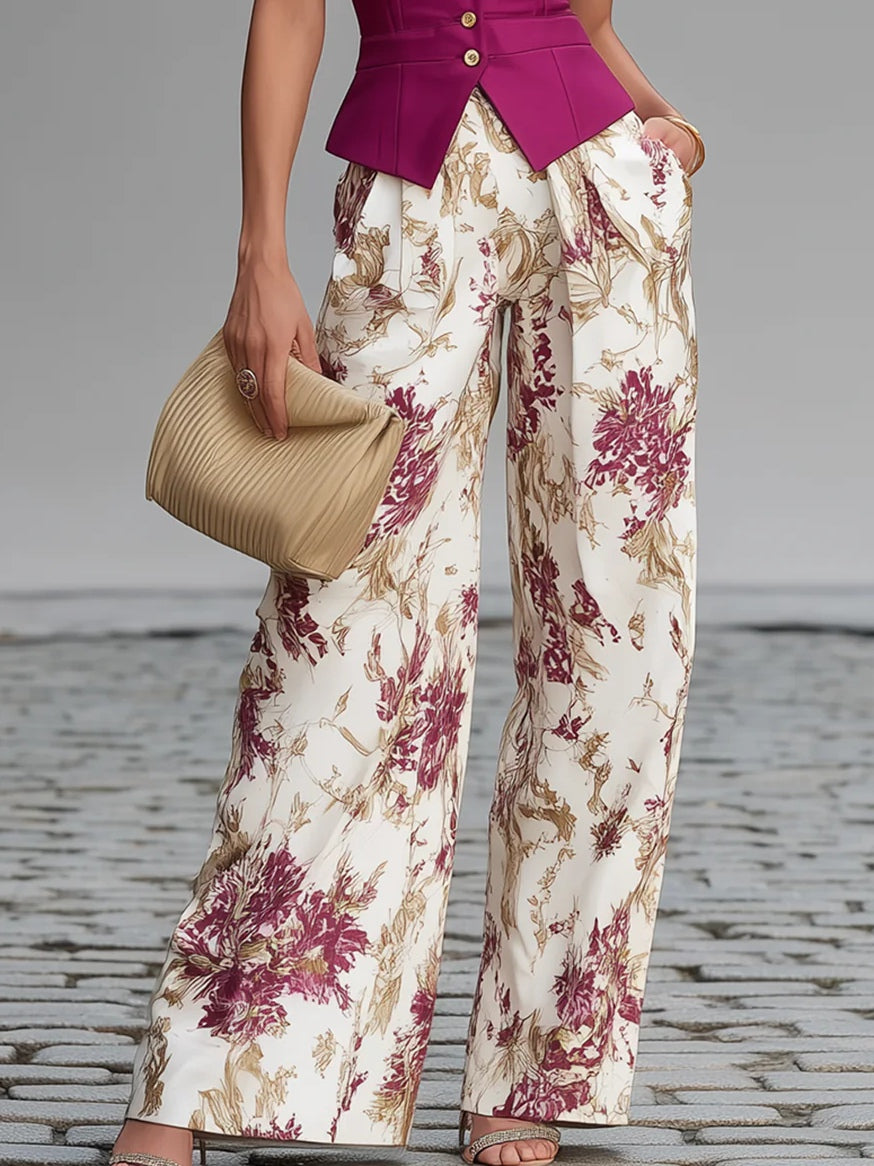 Combinaison large à fleurs pour femme avec haut gilet ajusté