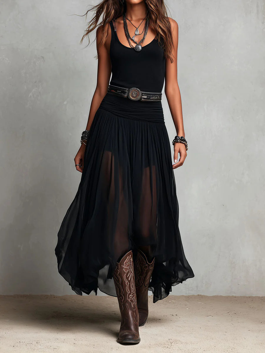 Robe maxi noire sans manches pour femme avec jupe en tulle