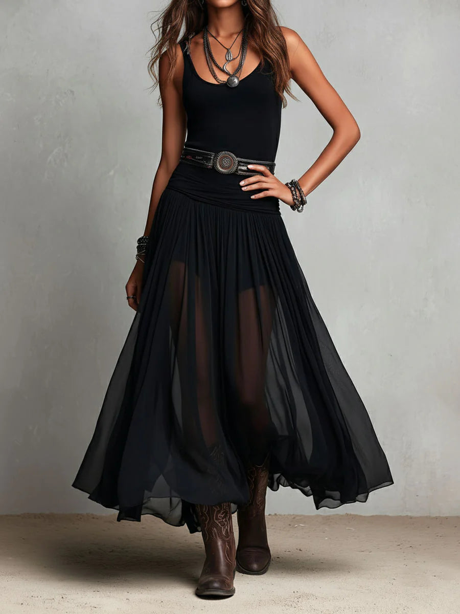 Robe maxi noire sans manches pour femme avec jupe en tulle