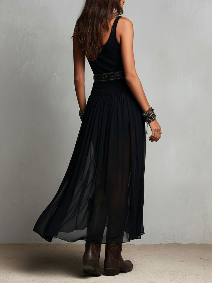 Robe maxi noire sans manches pour femme avec jupe en tulle