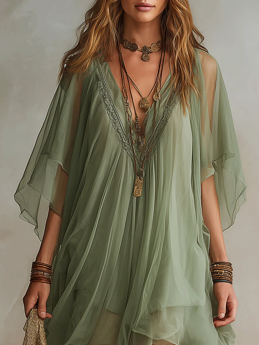 Robe mini superposée en mousseline à col en V pour femme