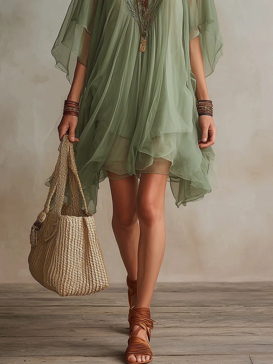 Robe mini superposée en mousseline à col en V pour femme