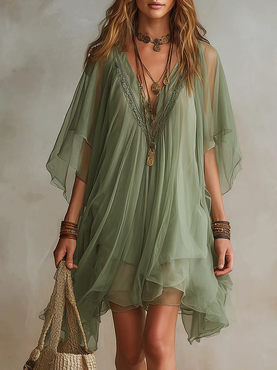 Robe mini superposée en mousseline à col en V pour femme