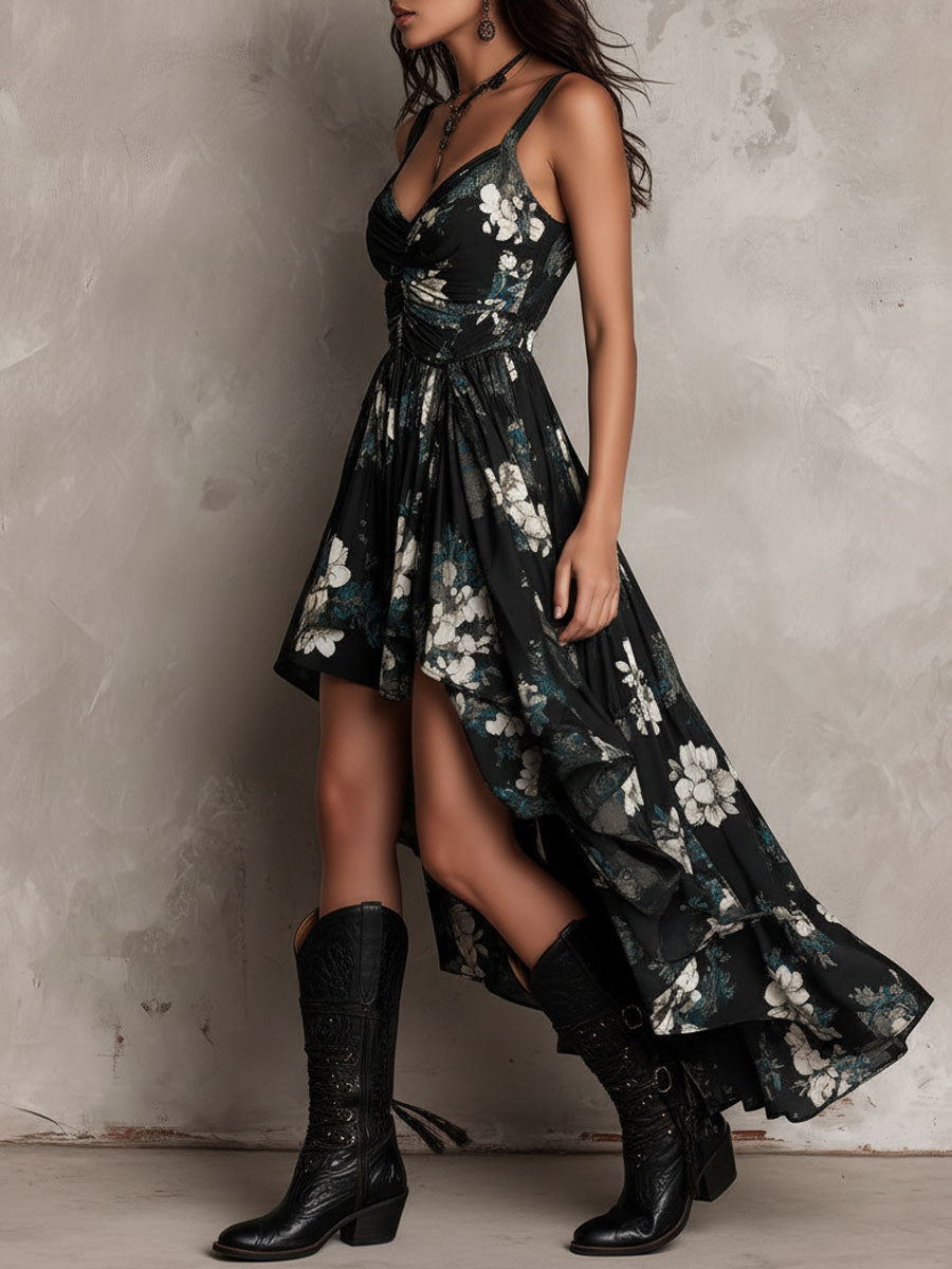 Robe maxi bohème fleurie pour femme, coupe asymétrique