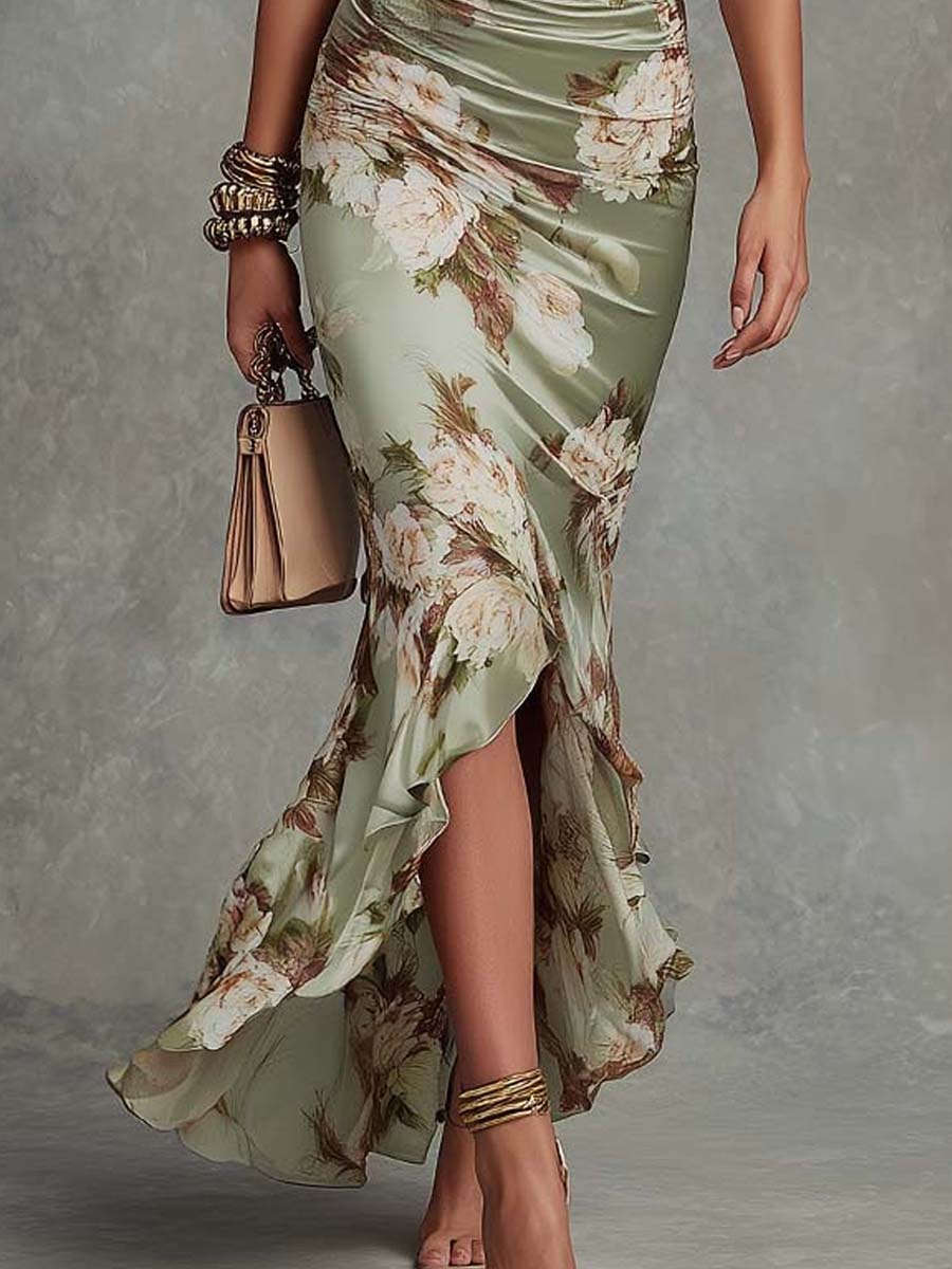 Robe maxi fleurie pour femme avec fronces et manches à volants