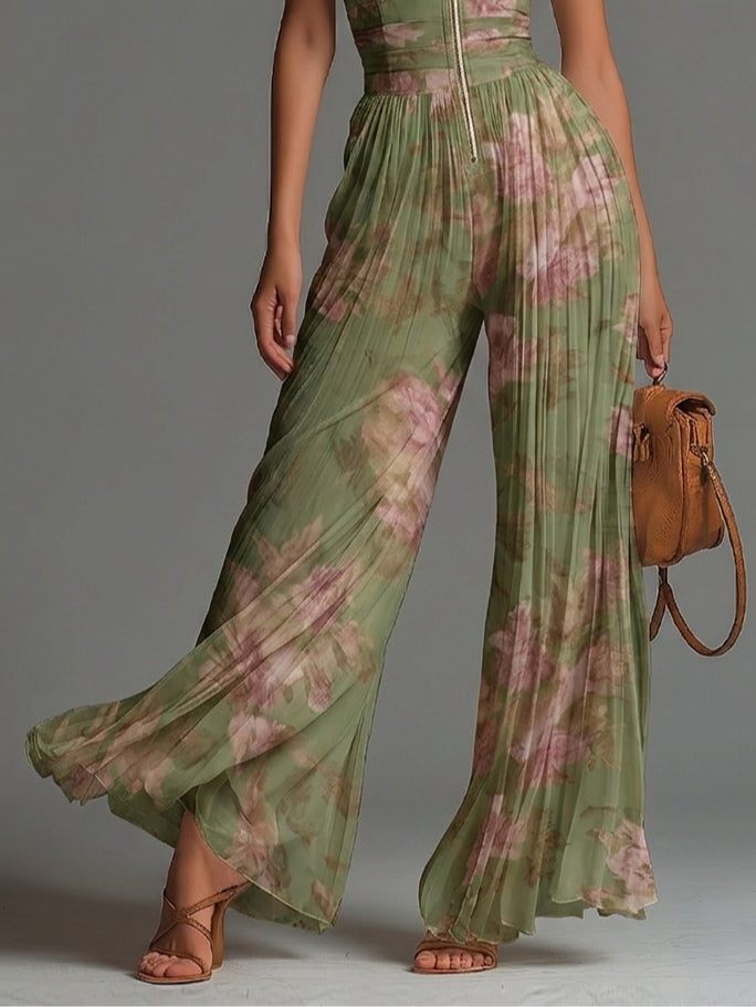 Combinaison large à jambes larges pour femme avec col licou et motif floral