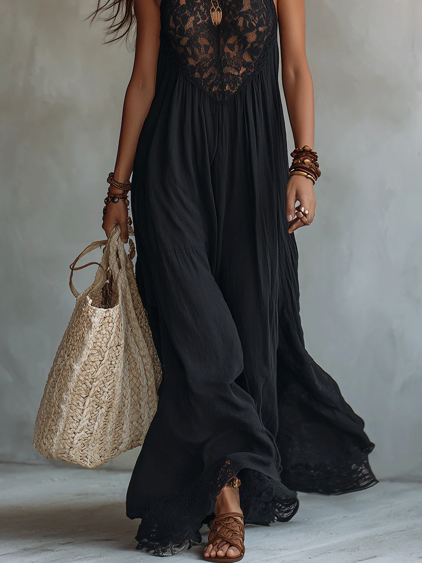 Robe longue pour femme avec détails en dentelle et silhouette fluide